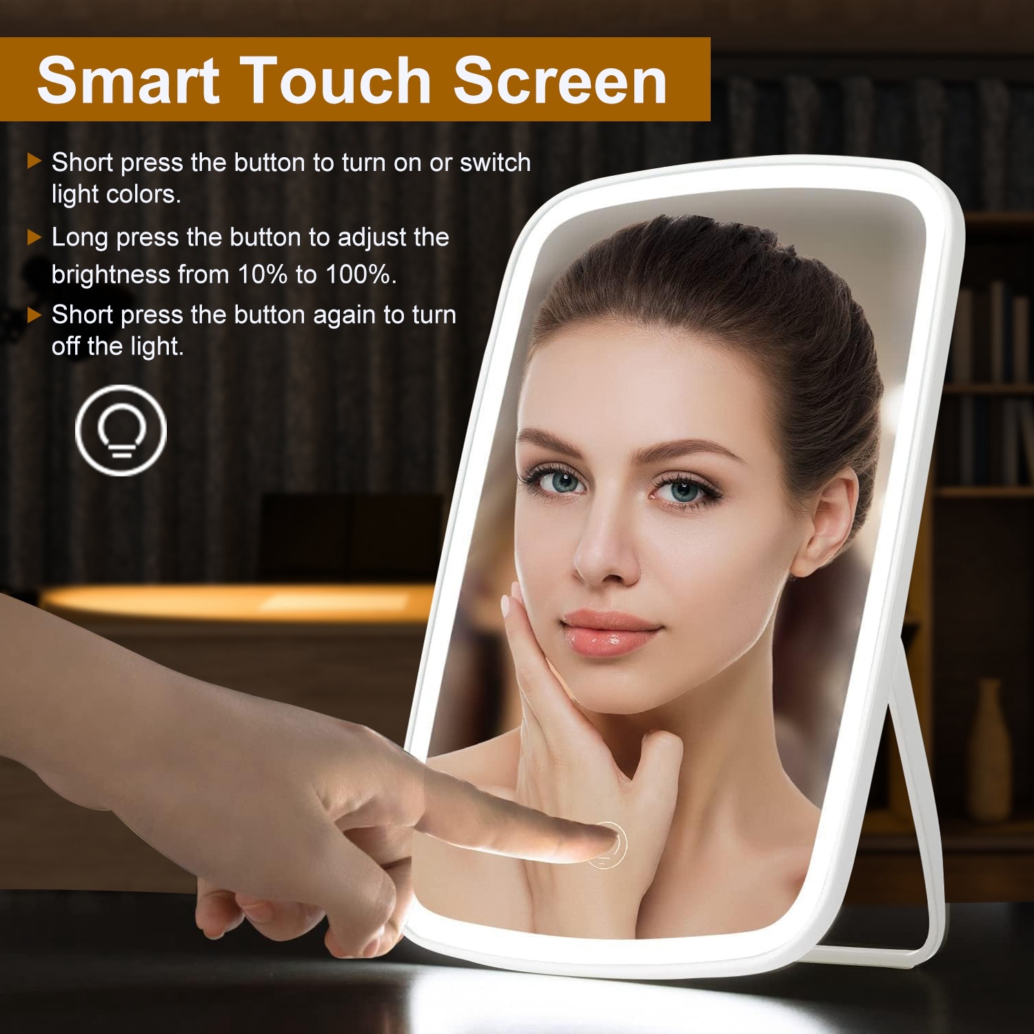1Pc 5.98x8.62in Lighted Makeup Mirror Vanity Desk Mirror Small LED Mirror With 3 Light Colors Touch Screen Brightness Adjustable USB Rechargeable - Image 4