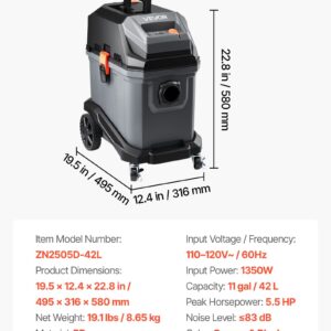 Commercial Shop Vac, 11 Gallon Wet Dry Shop Vacuum, 5.5 Peak HP Portable With One-Button Self-Cleaning, 1350W Input, 1.25in X 7ft Hose, 20ft Cord, Industrial-Grade For Jobsite, Workshop