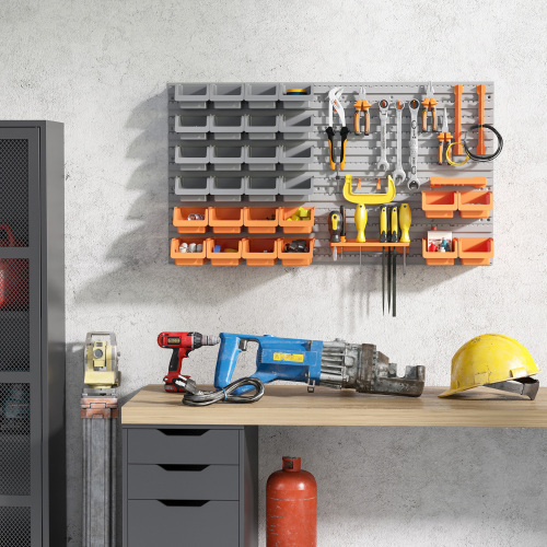 DURHAND 44 Piece Wall Mounted Pegboard Tool Organizer Rack Kit With Various Sized Storage Bins, Pegboard, & Hooks, Orange - Imagen 8