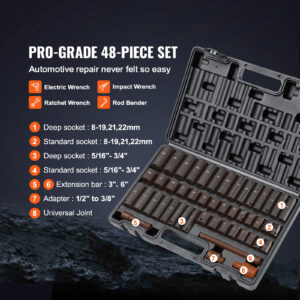 VEVOR Rive Impact Socket Set, 48 Piece Socket Set SAE  & Metric 8-22mm 6 Point Cr-V Drive Extension Bar Universal Joint & Power Drill Adapter Includes Storage Case