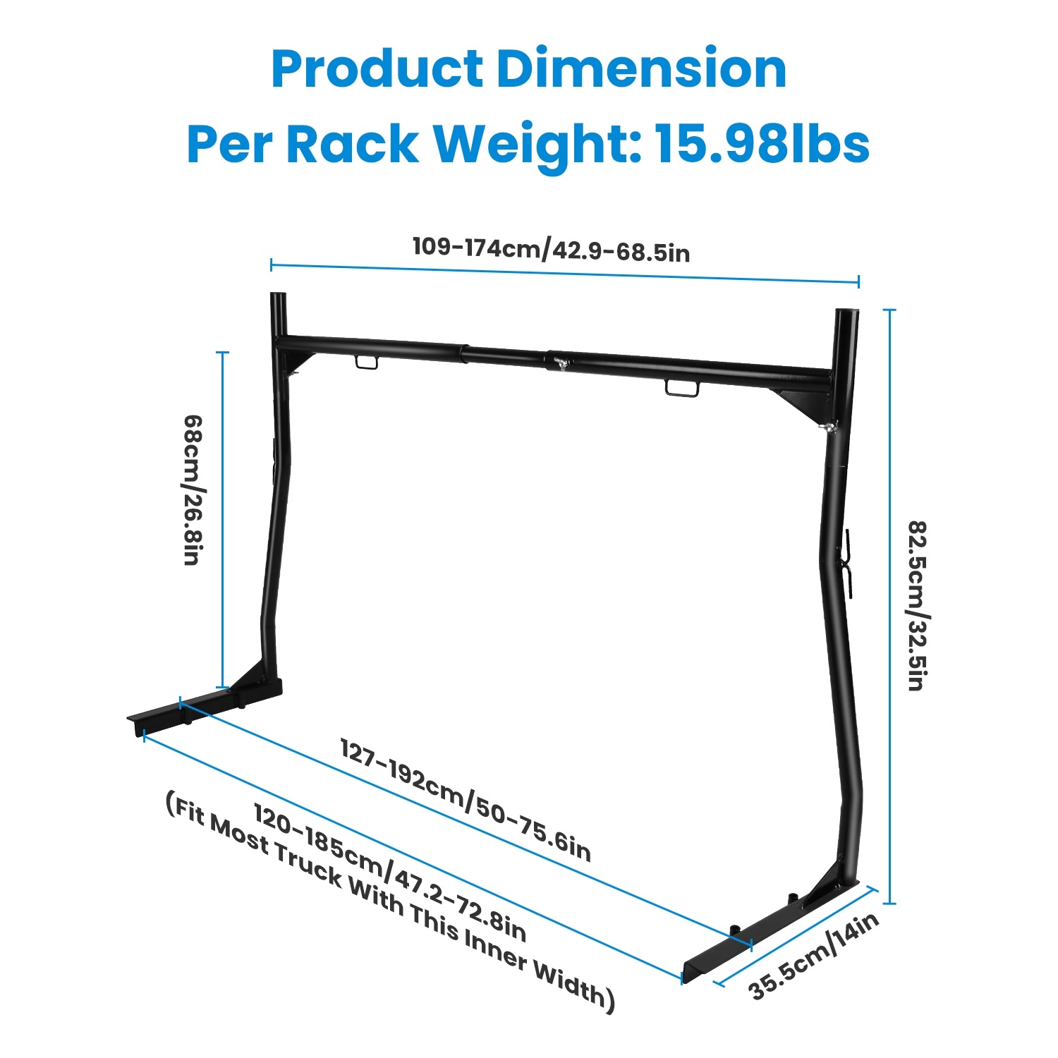 1Pair Extendable Truck Ladder Rack Non-Drilling Pick-up Truck Bed Utility Rack Adjustable Steel Truck Rack With 800LBS Capacity For 47.2-72.8in Wide Truck Bed For Kayak Surfboard - Imagen 4