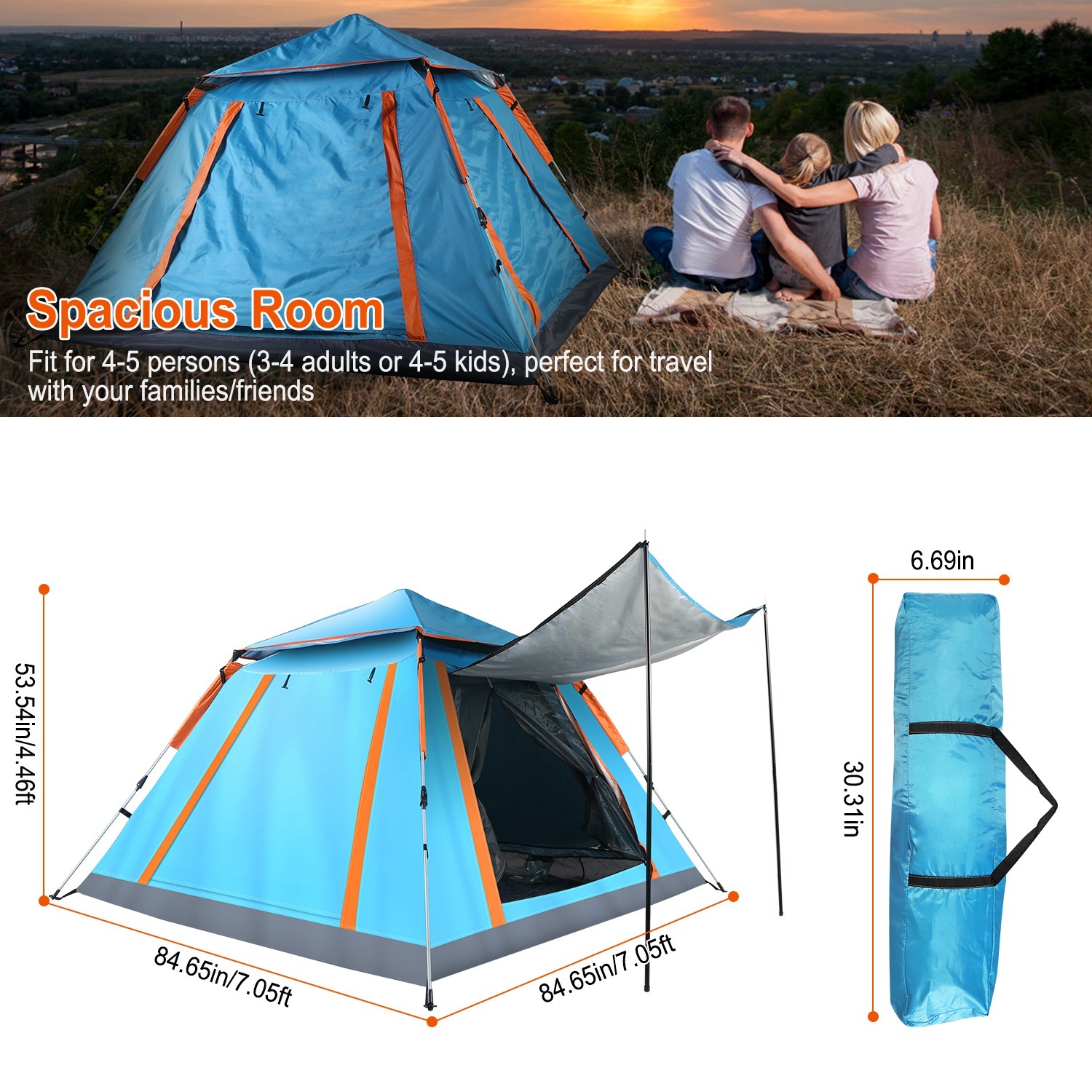 1Pc 4-5 Person Camping Tent With 2 Mosquito Nets Windows Carry Bag Waterproof 7.05x7.05x4.46ft For Hiking Climbing Adventure Fishing Fedex Shipping - Imagen 5