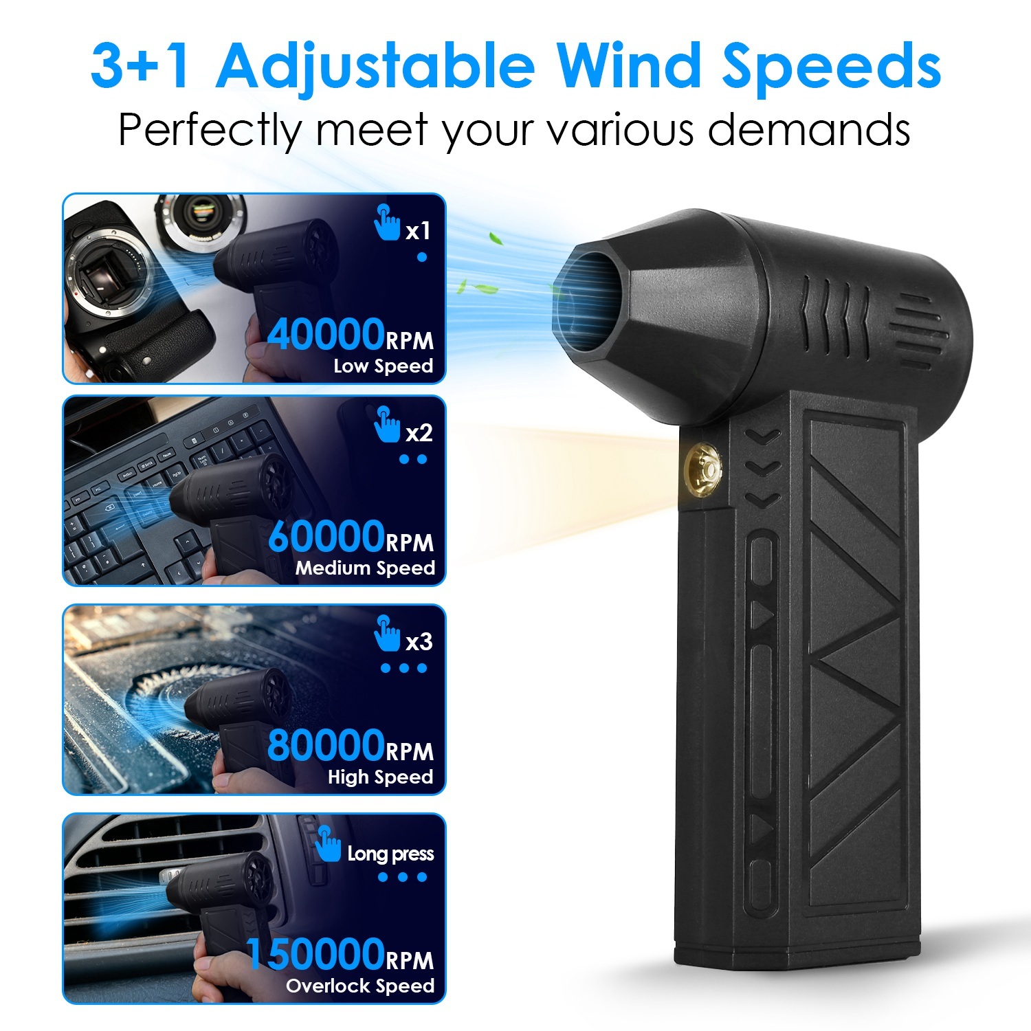 1Pc Compressed Air Duster With LED Light Up To 150000RPM Speed For PC Keyboard Cleaning High Speed Rechargeable Cordless Air Blower With 4 Speeds For Home Car Outdoor - Image 3