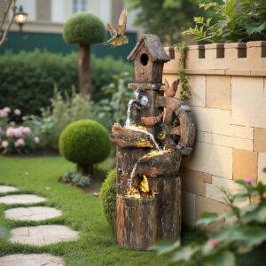 Outdoor Water Fountain, Decorative Garden Birdhouse, 3-Tier Cascading Waterfall with LED Lights and Water Wheel, Soothing Tranquility for Home Garden, Yard Decor