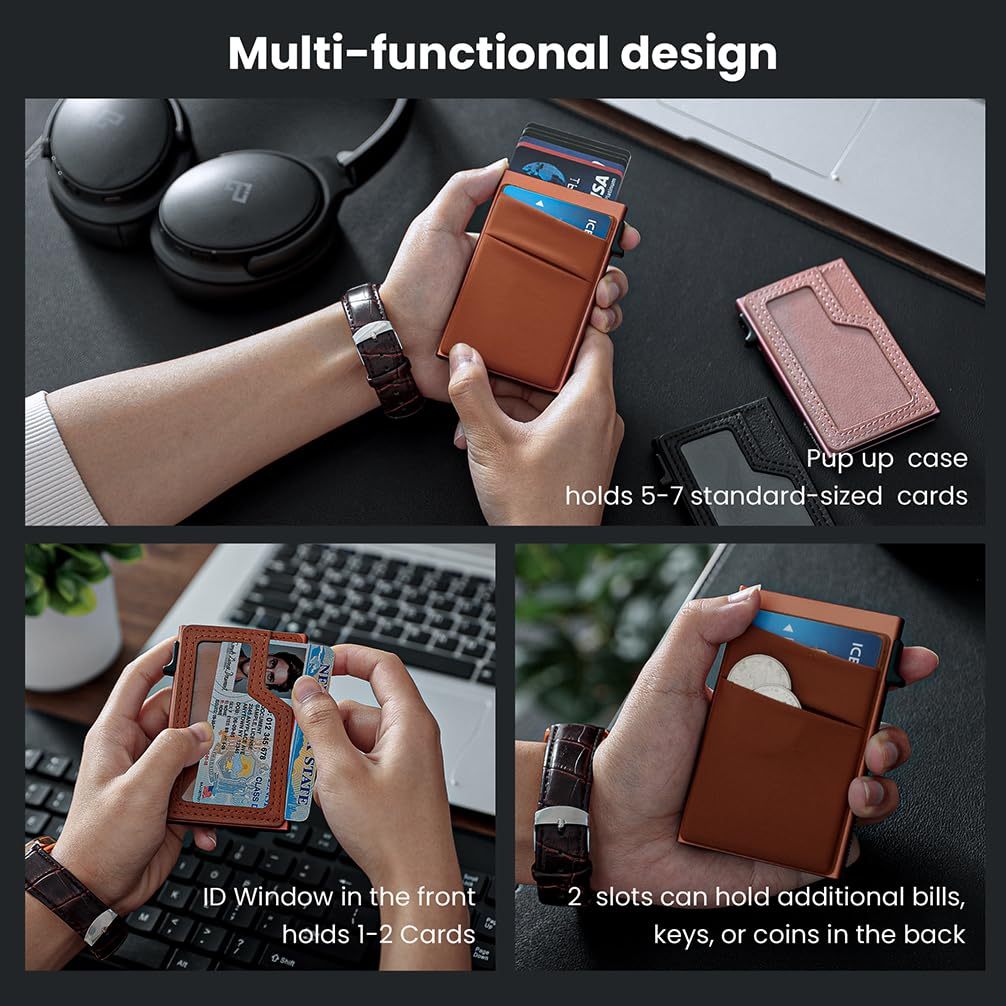 Slim Minimalist Wallet With ID Window,Pop Up Card Holder With Money Pocket Smart Wallet For Men RFID Blocking Metal Card Case - Imagen 3