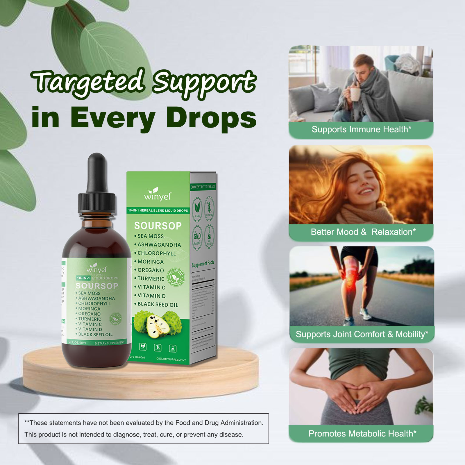 Soursop Drops 10-in-1 With Seaweed, Moringa, Black Seed Oil, Oregano, Ashwagandha, Chlorophyll Herbal Extracts Promote Overall Health Vegan 2 Fl Oz - Imagen 4
