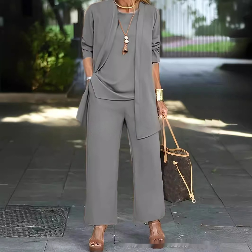 3-piece Cardigan Suit Pure Color Split Sleeveless Vest Top Long Sleeve Jacket And Wide Leg Pants Set - Image 9