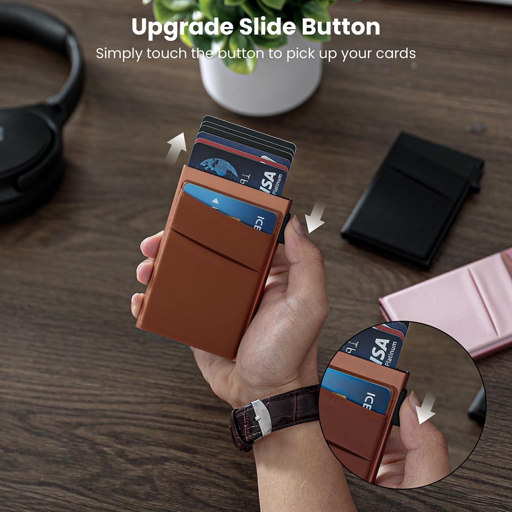 Slim Minimalist Wallet With ID Window,Pop Up Card Holder With Money Pocket Smart Wallet For Men RFID Blocking Metal Card Case - Imagen 6