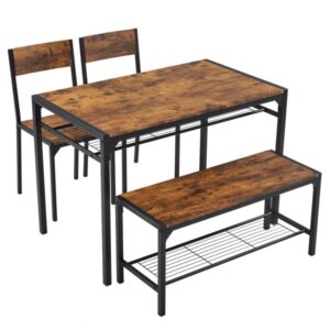Dining Table Set For 4, Kitchen Table With 2 Chairs And A Bench, 4 Piece Kitchen Table Set For Small Space, Home Kitchen Bar Pub Apartment, Rustic Brown