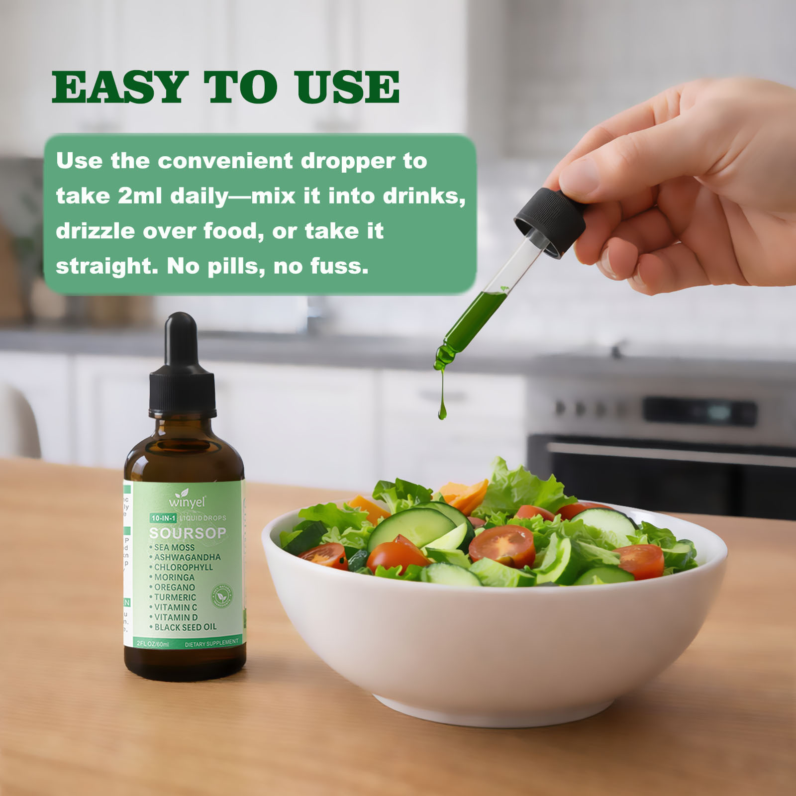 Soursop Drops 10-in-1 With Seaweed, Moringa, Black Seed Oil, Oregano, Ashwagandha, Chlorophyll Herbal Extracts Promote Overall Health Vegan 2 Fl Oz - Imagen 8