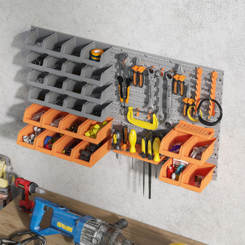 DURHAND 44 Piece Wall Mounted Pegboard Tool Organizer Rack Kit With Various Sized Storage Bins, Pegboard, & Hooks, Orange - Imagen 3