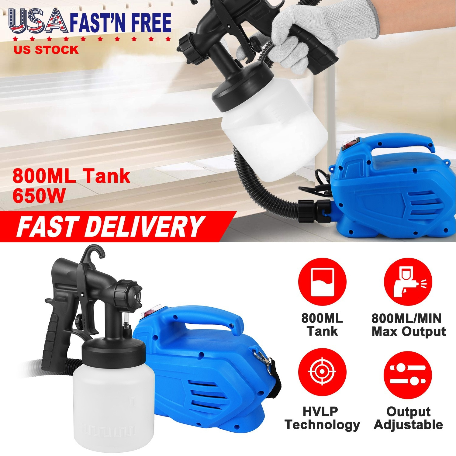 800ML Paint Sprayer 650W Paint Sprayer 800ML,minimum Output HVLP Oil Primer Water Spray, With 3 Spraying Modes Motor And Removable Container - Imagen 4
