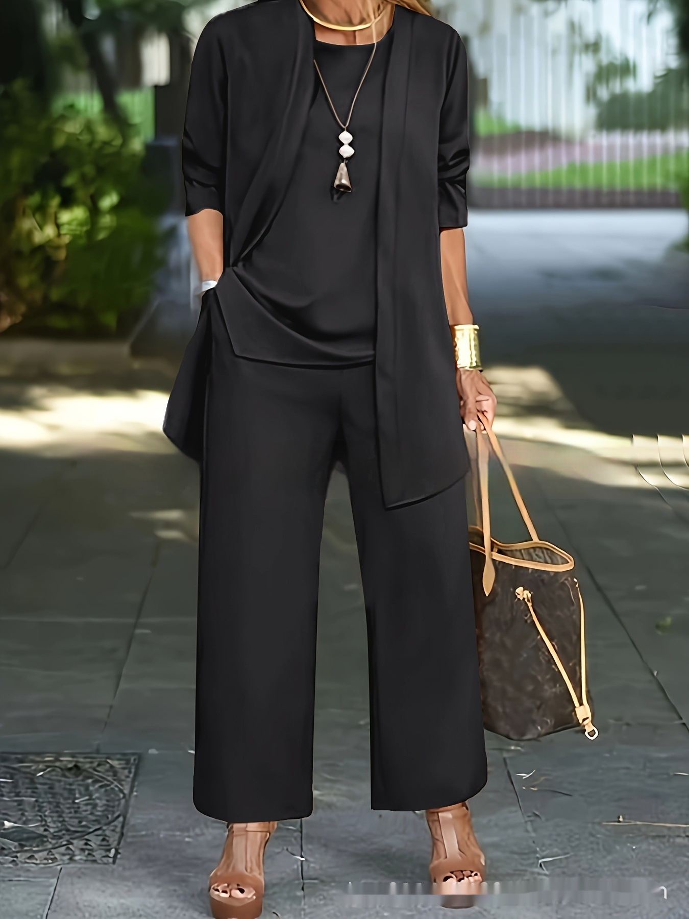 3-piece Cardigan Suit Pure Color Split Sleeveless Vest Top Long Sleeve Jacket And Wide Leg Pants Set - Image 7