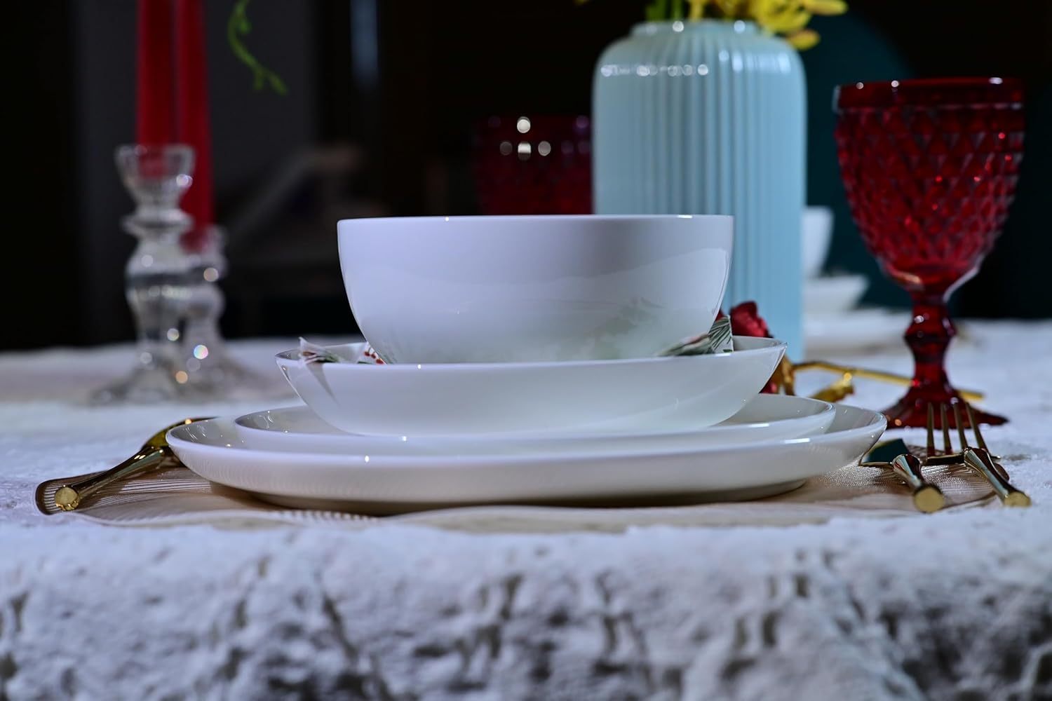 Lily Bone China Dinnerware Set, 16 Pieces, Service For 4, White Plates, Dishes, Bowls Set, Microwave And Dishwasher Safe - Image 6