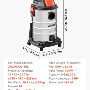 Shop Vac, 8 Gallon Wet Dry Shop Vacuum, 6 Peak With One-Button Self-Cleaning, Dual-Filter, 900W Input Power, 1.25in X 7ft Hose, 9.8ft Cord, Metal Tank For Jobsite, Workshop, Garage, Home