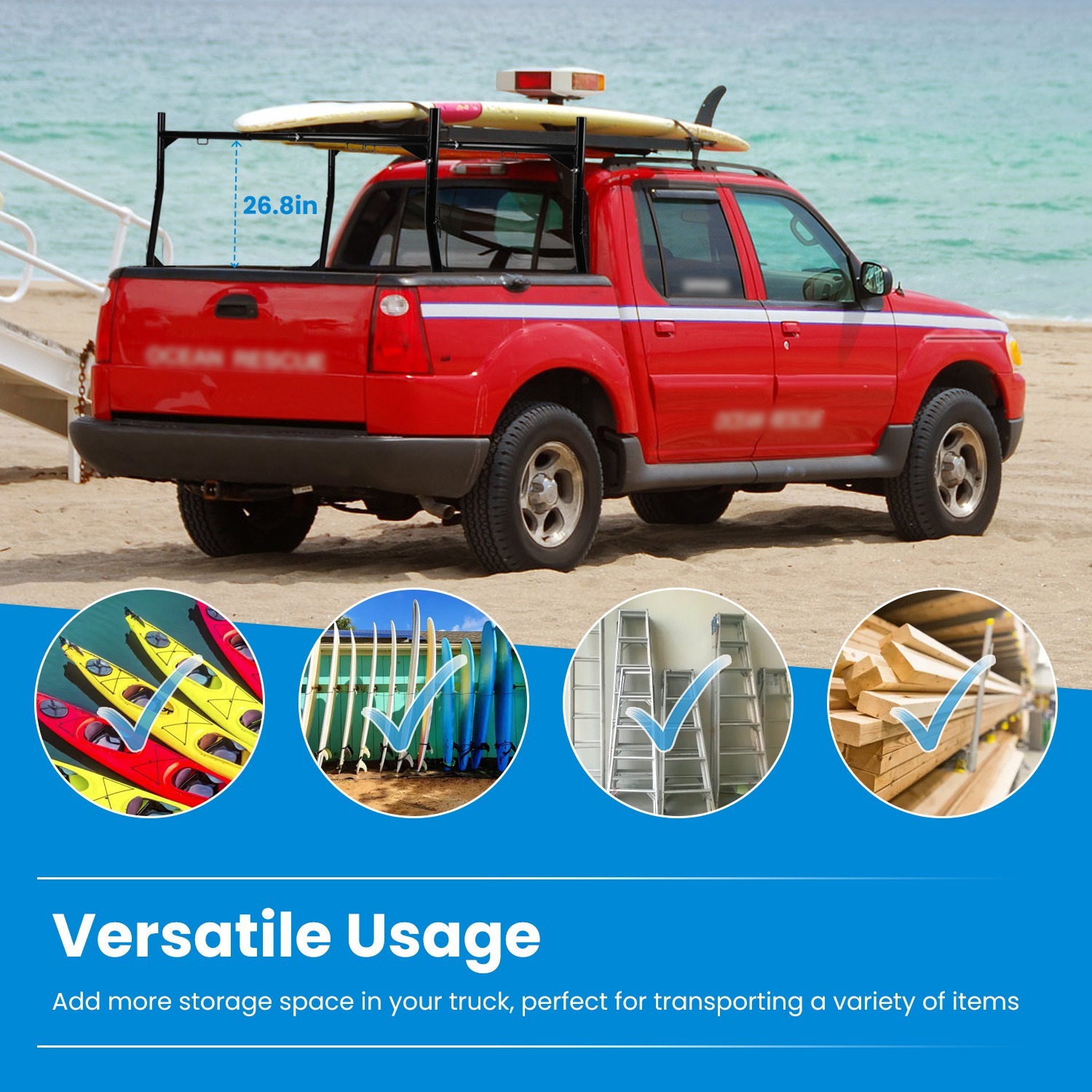 1Pair Extendable Truck Ladder Rack Non-Drilling Pick-up Truck Bed Utility Rack Adjustable Steel Truck Rack With 800LBS Capacity For 47.2-72.8in Wide Truck Bed For Kayak Surfboard - Imagen 8