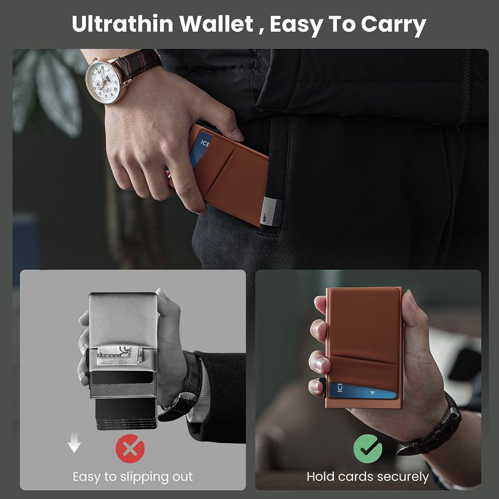 Slim Minimalist Wallet With ID Window,Pop Up Card Holder With Money Pocket Smart Wallet For Men RFID Blocking Metal Card Case - Imagen 4