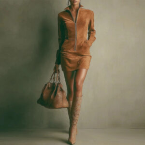 Deerskin Velvet French Long-sleeve Zipper Dress Short Skirt