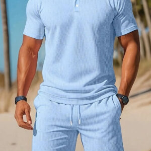 Men's Casual Beach Mesh Lapel Set Summer Comfortable Breathable Loose Solid-Color Sports Short-Sleeved Shirt And Shorts Set