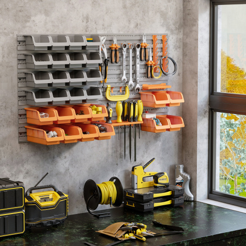 DURHAND 44 Piece Wall Mounted Pegboard Tool Organizer Rack Kit With Various Sized Storage Bins, Pegboard, & Hooks, Orange - Imagen 10