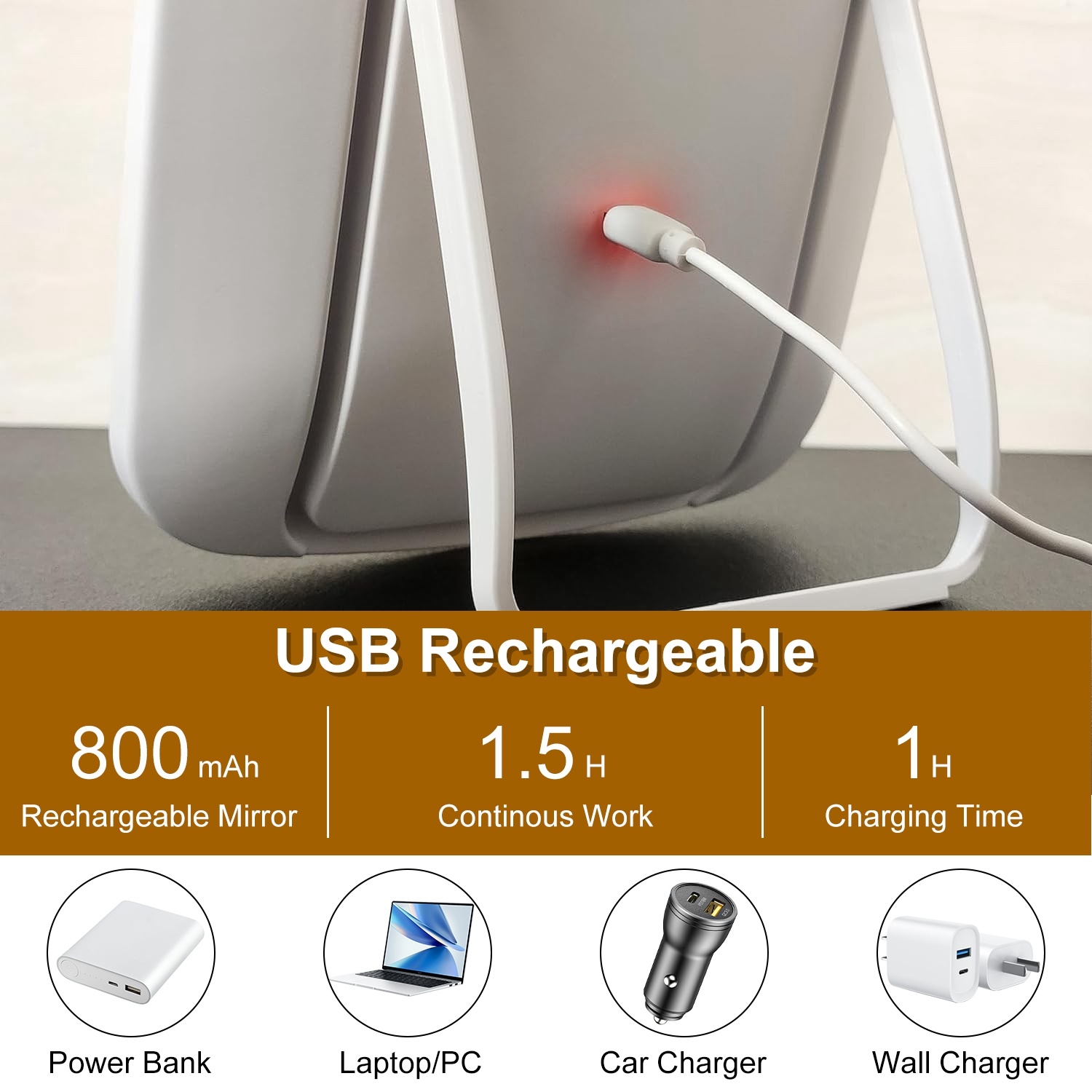 1Pc 5.98x8.62in Lighted Makeup Mirror Vanity Desk Mirror Small LED Mirror With 3 Light Colors Touch Screen Brightness Adjustable USB Rechargeable - Image 7