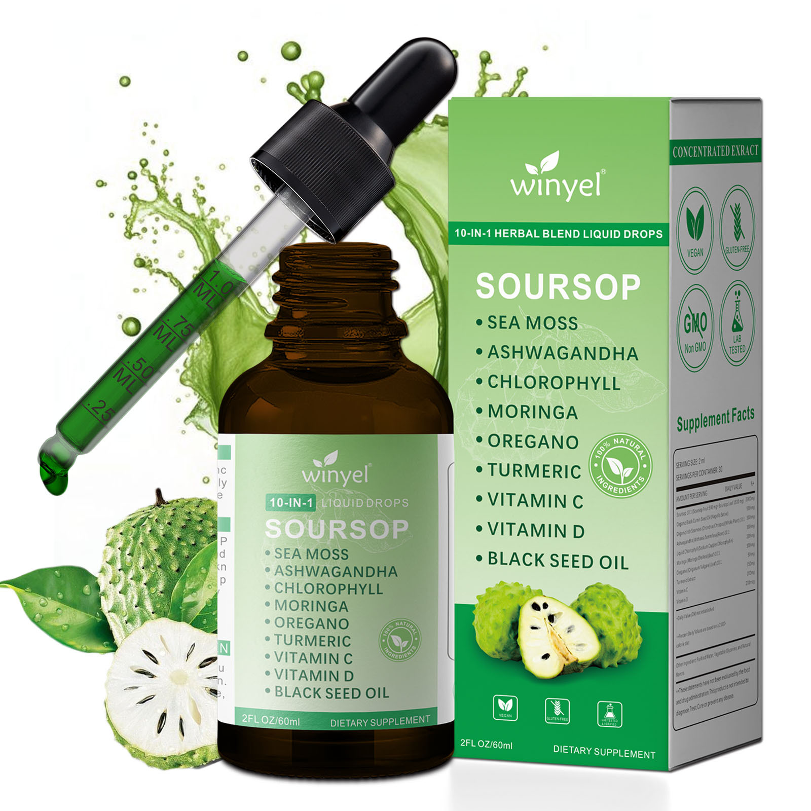 Soursop Drops 10-in-1 With Seaweed, Moringa, Black Seed Oil, Oregano, Ashwagandha, Chlorophyll Herbal Extracts Promote Overall Health Vegan 2 Fl Oz