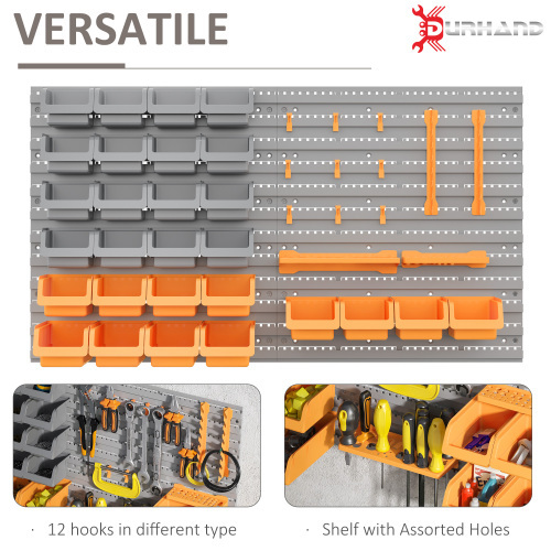 DURHAND 44 Piece Wall Mounted Pegboard Tool Organizer Rack Kit With Various Sized Storage Bins, Pegboard, & Hooks, Orange - Imagen 6
