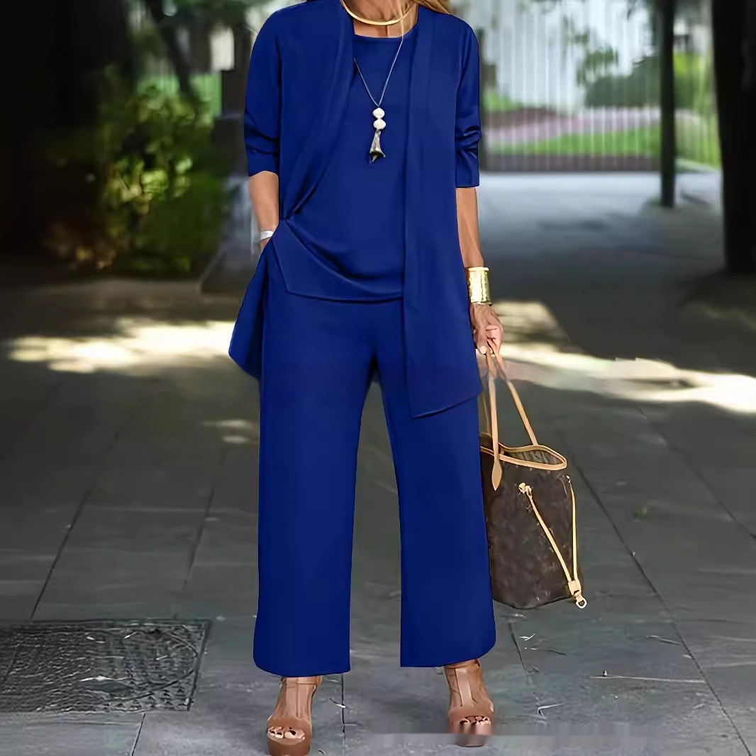 3-piece Cardigan Suit Pure Color Split Sleeveless Vest Top Long Sleeve Jacket And Wide Leg Pants Set - Image 2