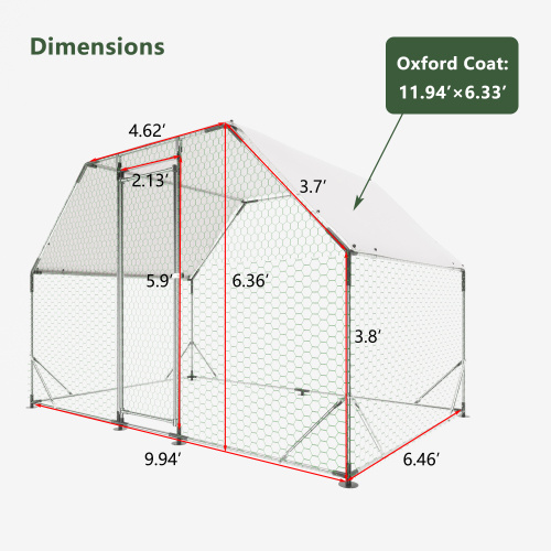 9.94 Ft. X 6.46 Ft. X 6.36 Ft. Metal Large Chicken Coop Walk-in Poultry Cage Run Flat Shaped With Waterproof Cover - Imagen 7