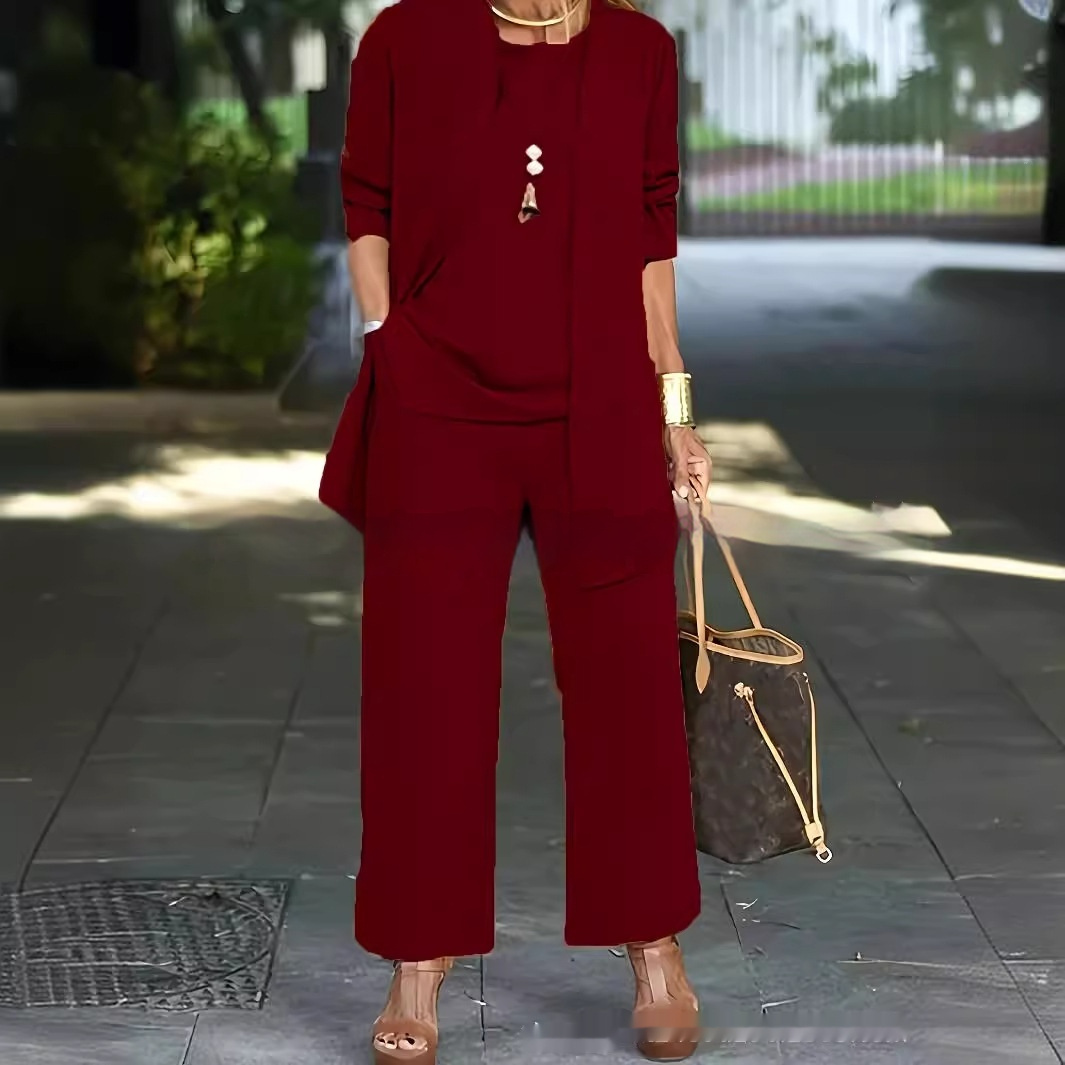 3-piece Cardigan Suit Pure Color Split Sleeveless Vest Top Long Sleeve Jacket And Wide Leg Pants Set - Image 5