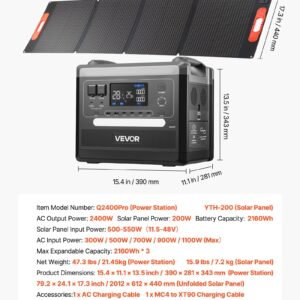 Portable Power Station, 2400W Portable Solar Generator With 200W Foldable Solar Panel, 2160Wh Expandable LiFePO4 Battery Backup With 10 Output Ports & Adjustable Input Power For Home Camping RV