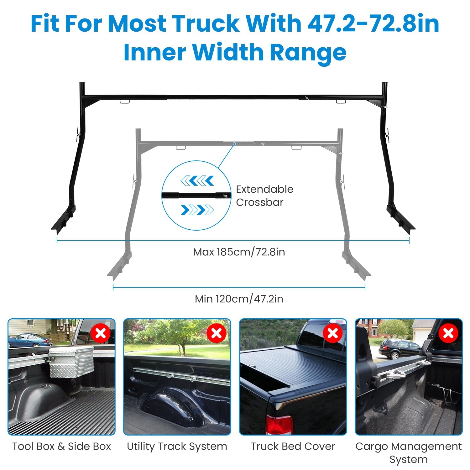 1Pair Extendable Truck Ladder Rack Non-Drilling Pick-up Truck Bed Utility Rack Adjustable Steel Truck Rack With 800LBS Capacity For 47.2-72.8in Wide Truck Bed For Kayak Surfboard - Imagen 3