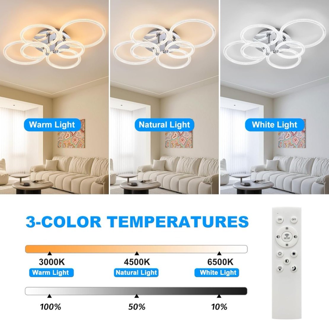Modern LED Ceiling Light, Flush Mount Ceiling Light With Dimmable Remote Control, 6Rings Acrylic Ceiling Light Fixture For Bedroom, Living Room, Kitchen, Office Lamps 6 Heads - Imagen 5