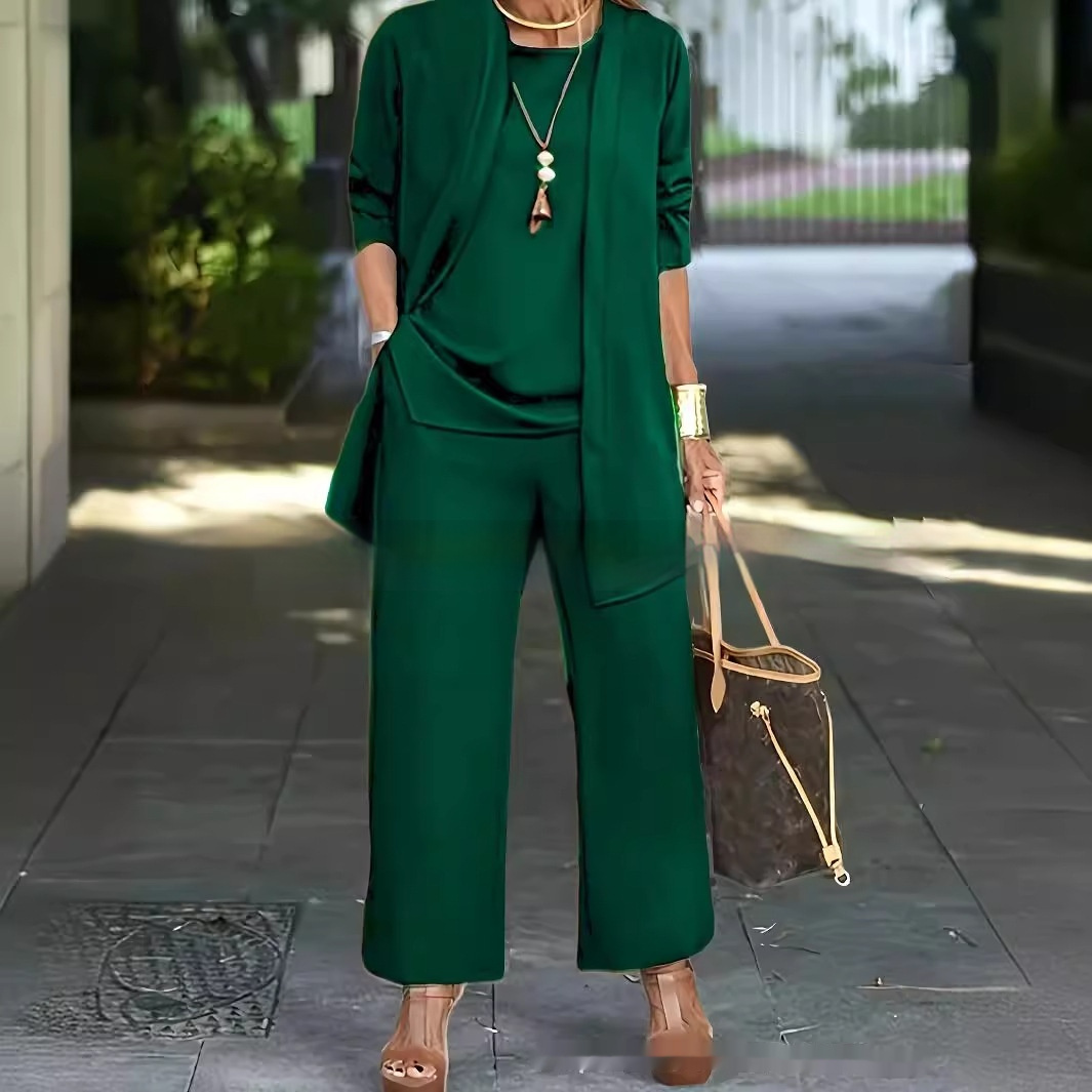 3-piece Cardigan Suit Pure Color Split Sleeveless Vest Top Long Sleeve Jacket And Wide Leg Pants Set - Image 8