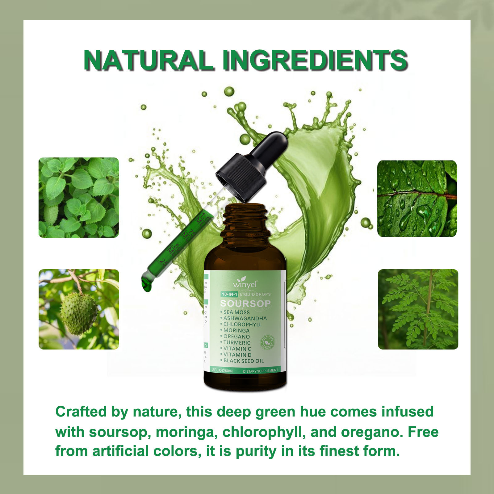 Soursop Drops 10-in-1 With Seaweed, Moringa, Black Seed Oil, Oregano, Ashwagandha, Chlorophyll Herbal Extracts Promote Overall Health Vegan 2 Fl Oz - Imagen 6