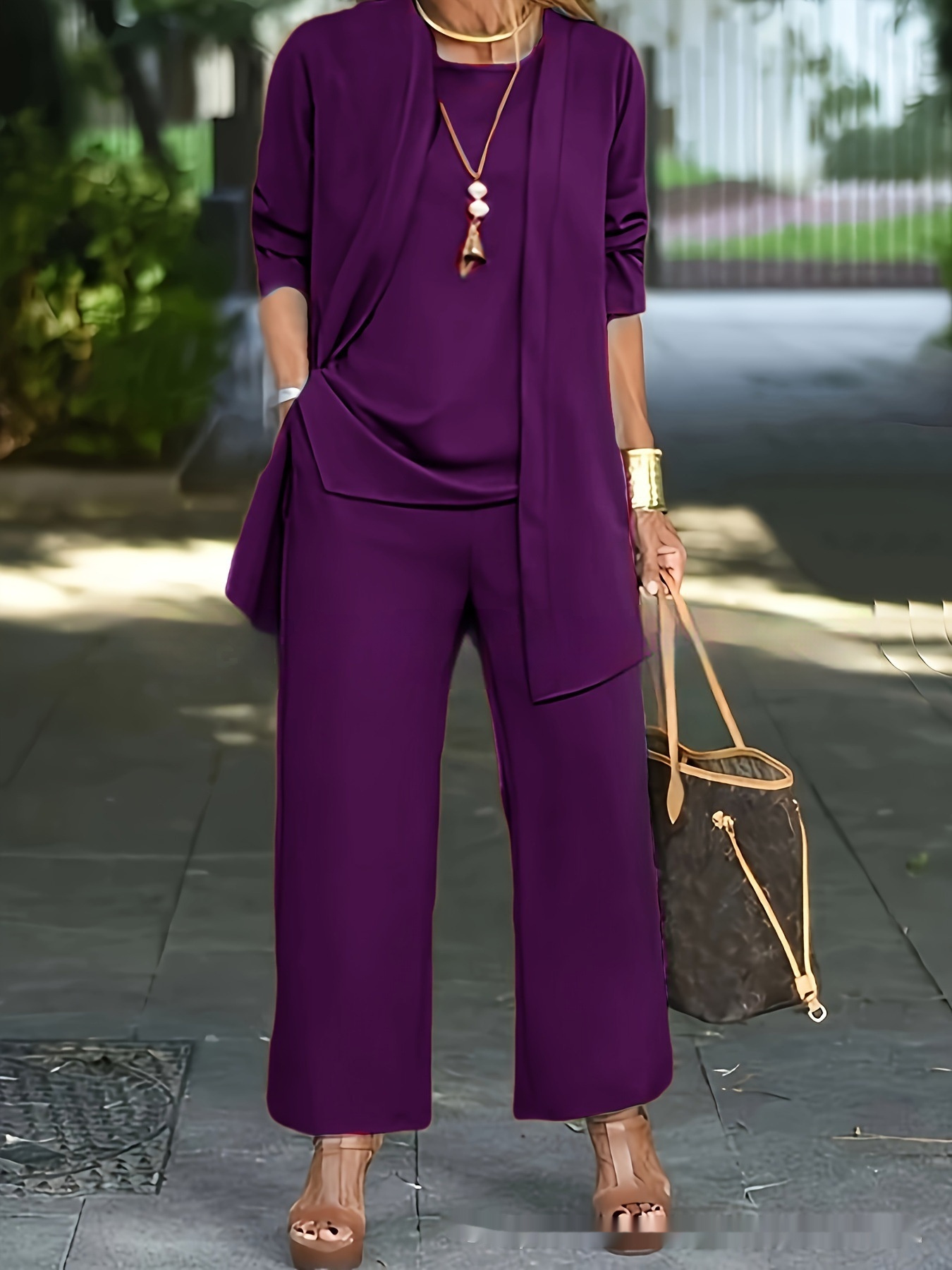 3-piece Cardigan Suit Pure Color Split Sleeveless Vest Top Long Sleeve Jacket And Wide Leg Pants Set - Image 10