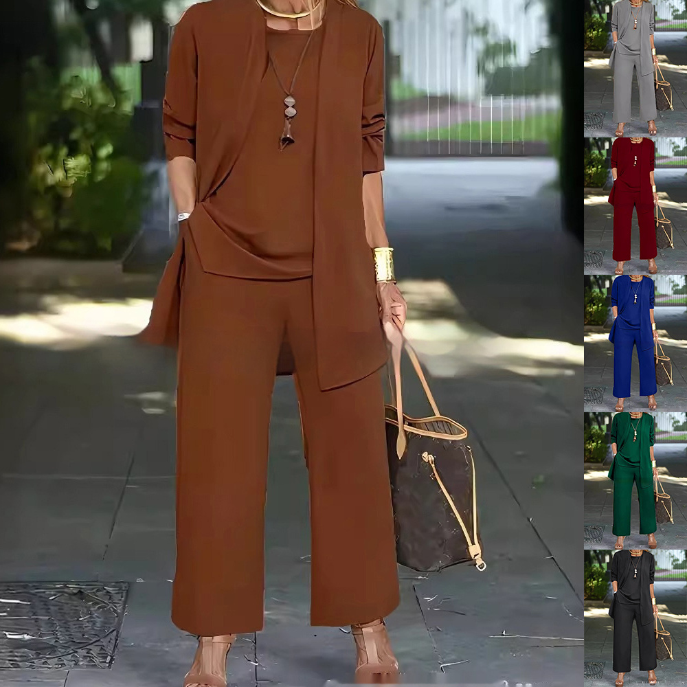 3-piece Cardigan Suit Pure Color Split Sleeveless Vest Top Long Sleeve Jacket And Wide Leg Pants Set