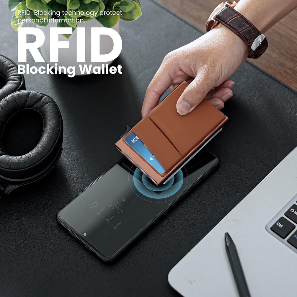 Slim Minimalist Wallet With ID Window,Pop Up Card Holder With Money Pocket Smart Wallet For Men RFID Blocking Metal Card Case - Imagen 7