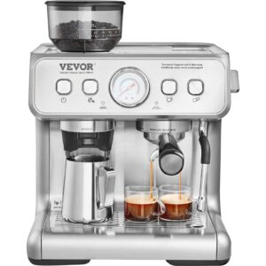 Espresso Machine With Grinder, 15 Bar Semi-Automatic Espresso Coffee Maker With Milk Frother Steam Wand, Removable Water Tank & Pressure Gauge For Cappuccino, Latte, Machiato, PID Control System