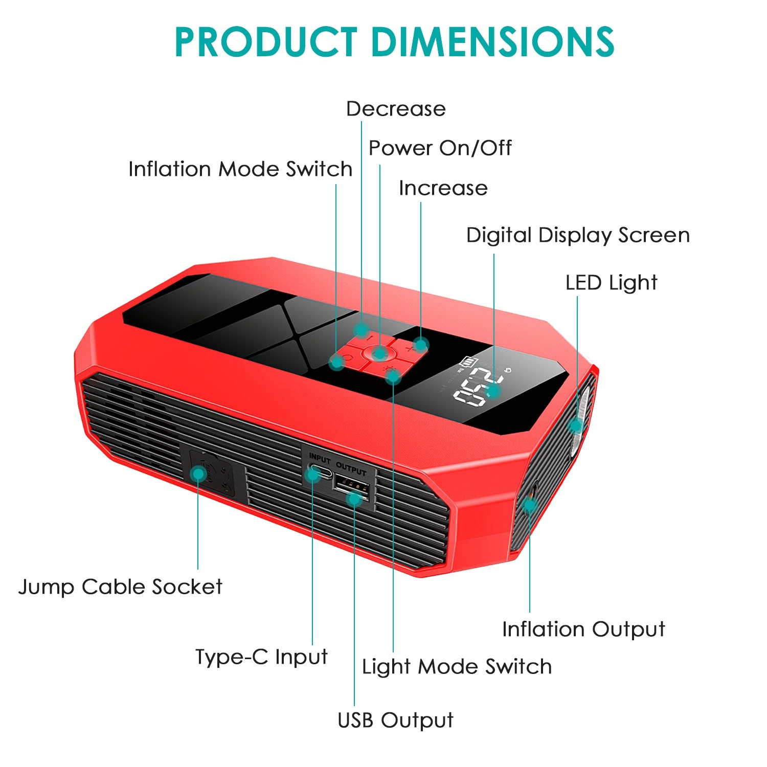 1Pc Portable Car Jump Starter Air Compressor 1500A 400PSI Car Battery Charger Jump Starter Power Bank LED Flashlight Digital Tire Inflator For 4.0L Gasoline Or 2.0L Diesel Engine - Imagen 3