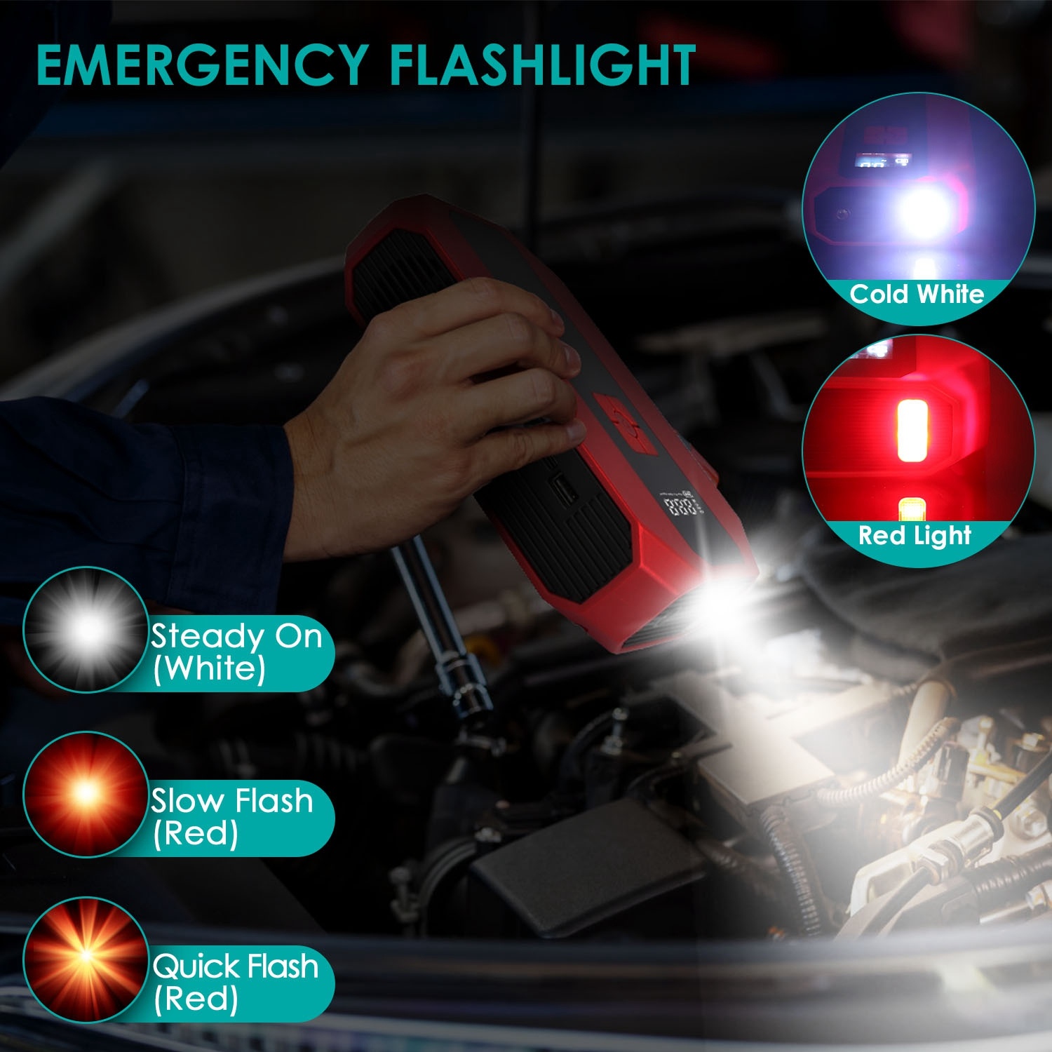 1Pc Portable Car Jump Starter Air Compressor 1500A 400PSI Car Battery Charger Jump Starter Power Bank LED Flashlight Digital Tire Inflator For 4.0L Gasoline Or 2.0L Diesel Engine - Imagen 7