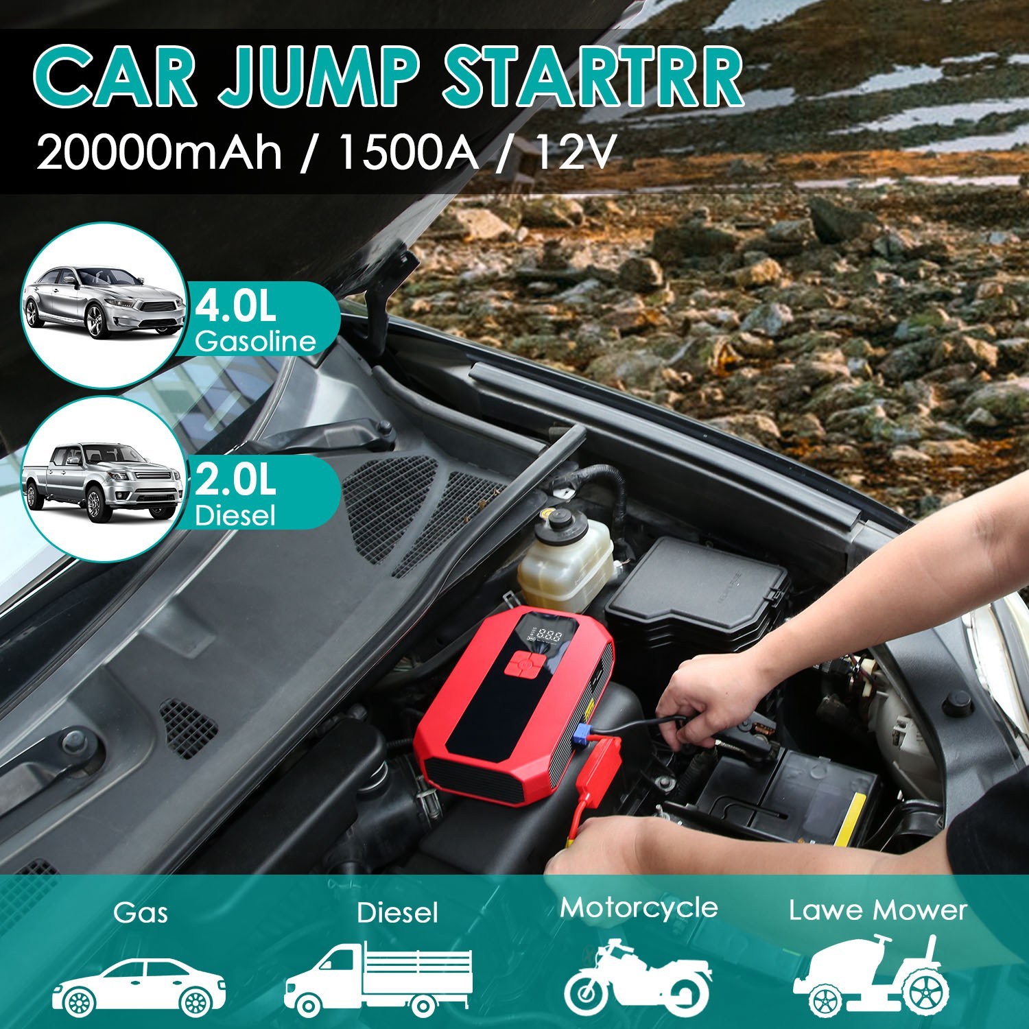 1Pc Portable Car Jump Starter Air Compressor 1500A 400PSI Car Battery Charger Jump Starter Power Bank LED Flashlight Digital Tire Inflator For 4.0L Gasoline Or 2.0L Diesel Engine - Imagen 6