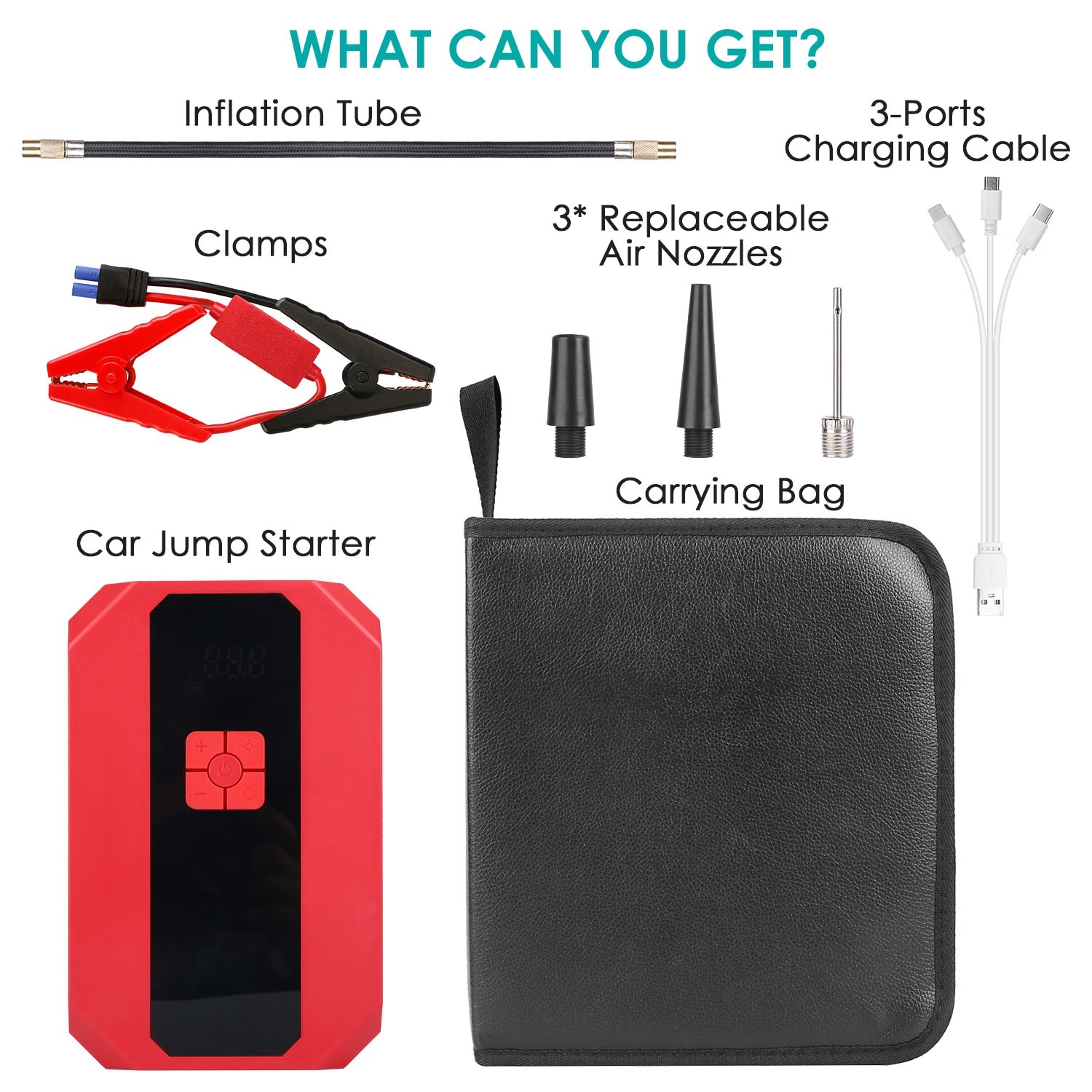 1Pc Portable Car Jump Starter Air Compressor 1500A 400PSI Car Battery Charger Jump Starter Power Bank LED Flashlight Digital Tire Inflator For 4.0L Gasoline Or 2.0L Diesel Engine - Imagen 8